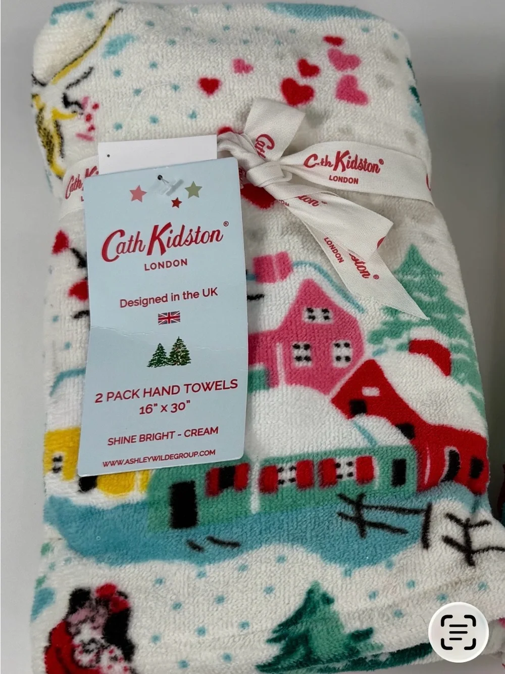 2 PC Cath Kidston Cream Holiday Village Hand Towels - Nostalgic Snowy Scene